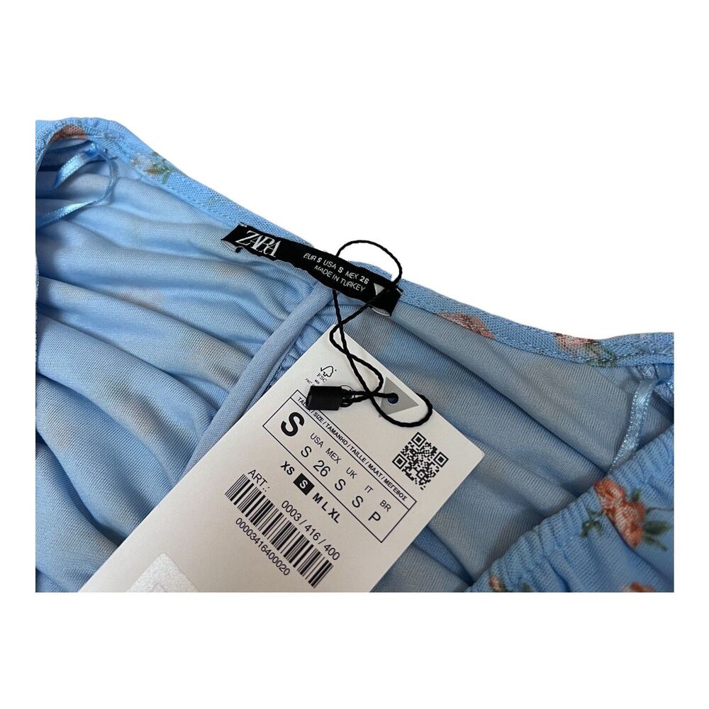 ZARA Blouse Blue Floral Tulle Ruched Cropped Feminine - Picture 5 of 13